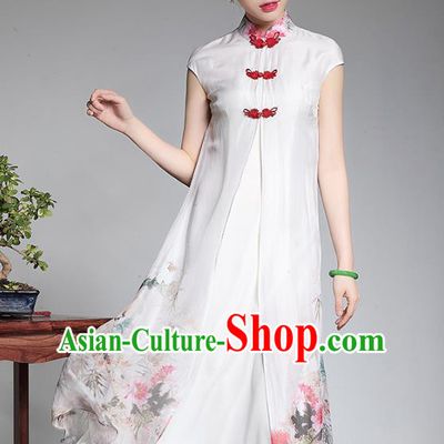 Traditional Chinese National Costume Elegant Hanfu Printing White Silk Qipao Dress, China Tang Suit Plated Buttons Cheongsam for Women