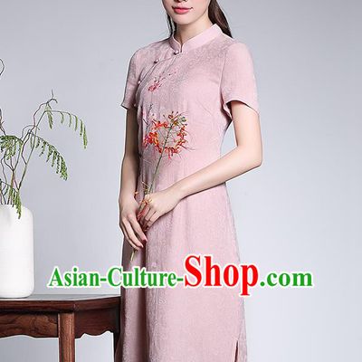 Traditional Chinese National Costume Hanfu Plated Button Pink Linen Qipao Dress, China Tang Suit Cheongsam for Women