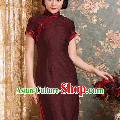 Traditional Chinese National Costume Hanfu Plated Button Red Silk Qipao Dress, China Tang Suit Cheongsam for Women