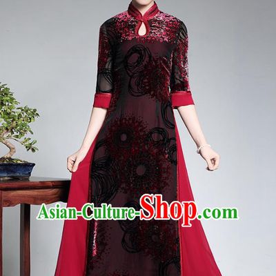 Traditional Chinese National Costume Long Qipao Dress, China Tang Suit Chirpaur Velvet Cheongsam for Women