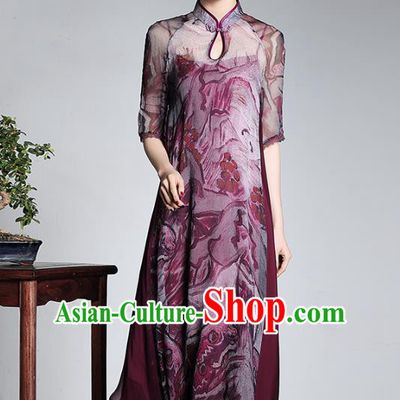 Traditional Chinese National Costume Elegant Hanfu Plated Button Mandarin Qipao, China Tang Suit Purple Silk Cheongsam for Women