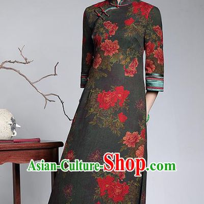 Traditional Chinese National Costume Printing Silk Qipao Dress, China Tang Suit Chirpaur Robe Cheongsam for Women