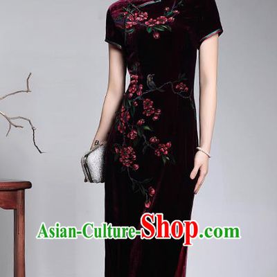 Traditional Chinese National Costume Plated Buttons Velvet Qipao Dress, China Tang Suit Chirpaur Purple Cheongsam for Women
