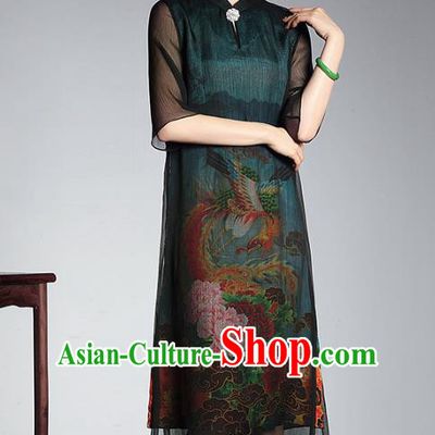 Traditional Chinese National Costume Plated Buttons Printing Peony Qipao Dress, China Tang Suit Chirpaur Green Silk Cheongsam for Women