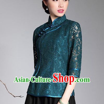 Traditional Chinese National Costume Plated Buttons Green Lace Qipao Shirts, China Tang Suit Chirpaur Cheongsam Blouse for Women