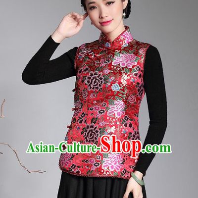 Traditional Chinese National Costume Plated Buttons Red Vest, China Tang Suit Chirpaur Upper Outer Garment Top Grade Brocade Waistcoat for Women