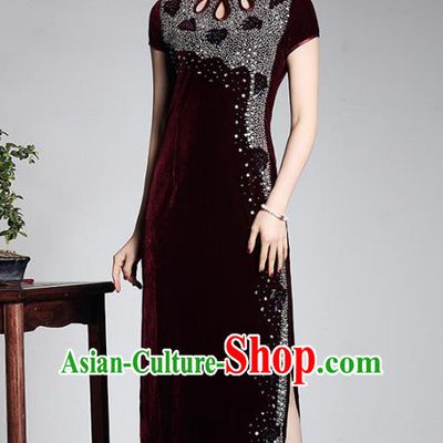 Traditional Chinese National Costume Plated Buttons Qipao, China Tang Suit Embroidered Chirpaur Top Grade Velvet Cheongsam for Women