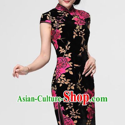 Traditional Chinese National Costume Plated Buttons Qipao, China Tang Suit Chirpaur Top Grade Velvet Cheongsam for Women