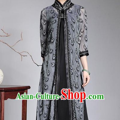 Traditional Chinese National Costume Plated Buttons Long Qipao Grey Coat, Top Grade Tang Suit Stand Collar Dust Coat for Women