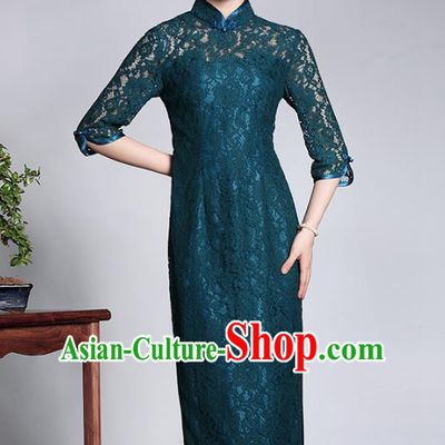 Traditional Ancient Chinese Young Lady Retro Cheongsam Peacock Green Lace Dress, Asian Republic of China Qipao Tang Suit Clothing for Women
