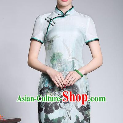 Traditional Chinese National Costume Plated Buttons Qipao Printing Lotus Dress, Top Grade Silk Tang Suit Cheongsam for Women