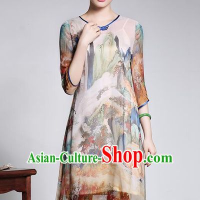 Traditional Chinese National Costume Qipao Printing Dress, Top Grade Tang Suit Stand Collar Cheongsam for Women