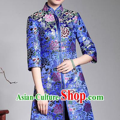 Traditional Chinese National Costume Blue Brocade Coats, Top Grade Tang Suit Stand Collar Cheongsam Dust Coat for Women
