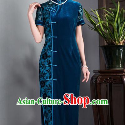 Traditional Ancient Chinese Young Lady Blue Velvet Cheongsam, Republic of China Stand Collar Qipao Tang Suit Dress for Women