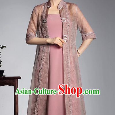 Traditional Chinese National Costume Pink Silk Coats, Top Grade Tang Suit Stand Collar Cheongsam Dust Coat for Women