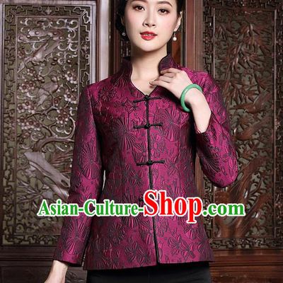 Traditional Ancient Chinese Young Lady Purple Cheongsam Coat, Republic of China Stand Collar Jacket Tang Suit Clothing for Women
