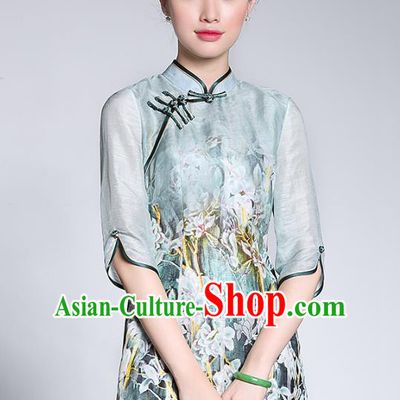 Traditional Ancient Chinese Young Lady Green Silk Printing Cheongsam Blouse, Republic of China Stand Collar Qipao Tang Suit Upper Outer Garment for Women