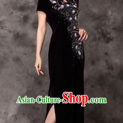 Traditional Ancient Chinese Young Lady Purple Velvet Cheongsam, Republic of China Stand Collar Qipao Tang Suit Dress for Women