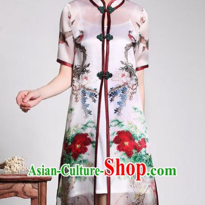 Traditional Ancient Chinese Young Lady Printing Peony Cheongsam Coats, Republic of China Qipao Tang Suit Dust Coat for Women