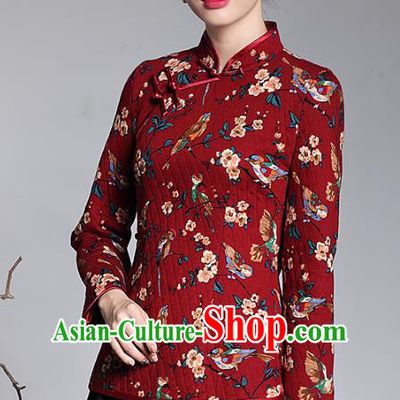 Traditional Ancient Chinese Young Lady Plated Buttons Red Cheongsam Blouse, Asian Republic of China Printing Qipao Tang Suit Upper Outer Garment for Women