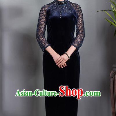 Traditional Ancient Chinese Young Lady Plated Buttons Blue Velvet Cheongsam, Asian Republic of China Lace Qipao Tang Suit Dress for Women