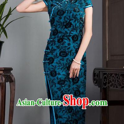 Traditional Ancient Chinese Young Lady Plated Buttons Blue Velvet Cheongsam, Asian Republic of China Qipao Tang Suit Dress for Women