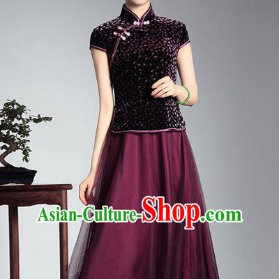 Traditional Ancient Chinese Young Lady Plated Buttons Velvet Cheongsam, Asian Republic of China Qipao Tang Suit Dress for Women