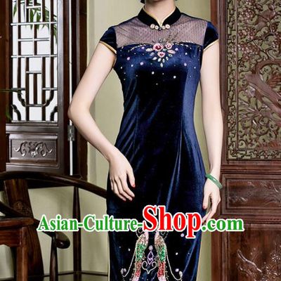 Traditional Ancient Chinese Young Lady Plated Buttons Blue Velvet Cheongsam, Asian Republic of China Qipao Tang Suit Dress for Women