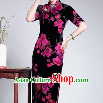 Traditional Ancient Chinese Young Lady Plated Buttons Velvet Cheongsam, Asian Republic of China Printing Qipao Tang Suit Dress for Women
