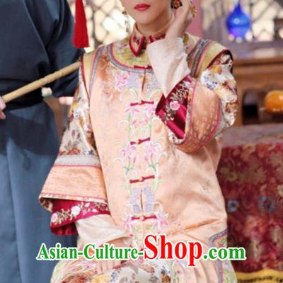 Asian China Qing Dynasty Imperial Empress Costume, Traditional Chinese Ancient Manchu Palace Lady Embroidered Clothing for Women
