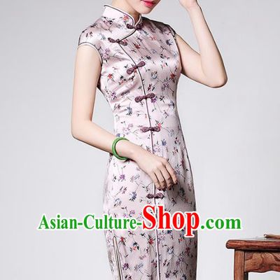 Traditional Ancient Chinese Young Lady Plated Buttons Pink Short Cheongsam, Asian Republic of China Silk Qipao Tang Suit Dress for Women