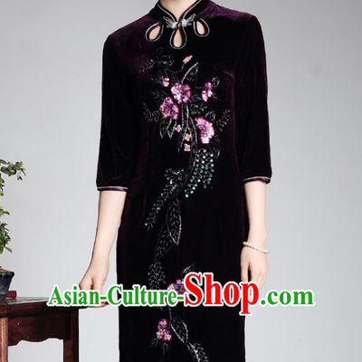 Traditional Ancient Chinese Young Lady Retro Purple Velvet Hot Drilling Cheongsam, Asian Republic of China Qipao Tang Suit Dress for Women