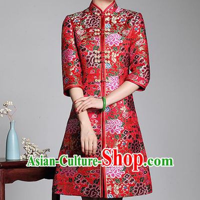 Traditional Ancient Chinese Young Lady Retro Stand Collar Red Brocade Cheongsam Coat, Asian Republic of China Qipao Tang Suit Clothing for Women