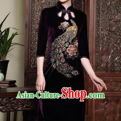 Traditional Ancient Chinese Young Lady Retro Stand Collar Purple Velvet Peacock Cheongsam, Asian Republic of China Qipao Tang Suit Dress for Women