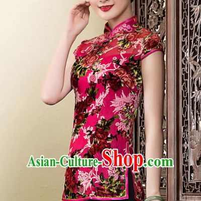 Traditional Ancient Chinese Young Lady Retro Stand Collar Printing Velvet Cheongsam Blouse, Asian Republic of China Qipao Tang Suit  Upper Outer Garment for Women