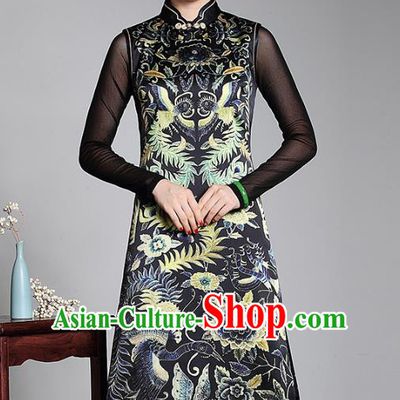 Asian Republic of China Top Grade Plated Buttons Silk Printing Cheongsam, Traditional Chinese Tang Suit Qipao Dress for Women