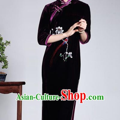 Asian Republic of China Top Grade Plated Buttons Purple Velvet Cheongsam, Traditional Chinese Tang Suit Qipao Dress for Women