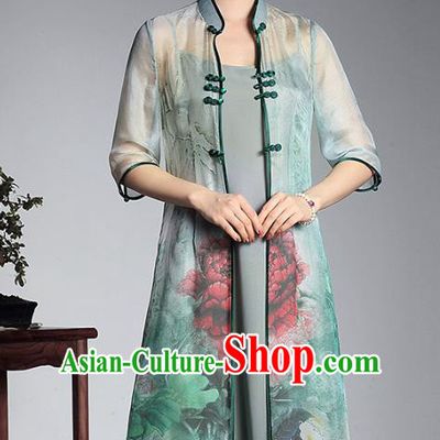 Asian Republic of China Top Grade Plated Buttons Printing Green Cheongsam Cardigan, Traditional Chinese Tang Suit Qipao Dust Coat for Women