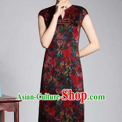 Asian Republic of China Top Grade Plated Buttons Printing Watered Gauze Cheongsam, Traditional Chinese Tang Suit Qipao Dress for Women