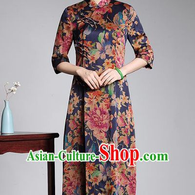Asian Republic of China Top Grade Plated Buttons Printing Watered Gauze Long Cheongsam, Traditional Chinese Tang Suit Qipao Dress for Women