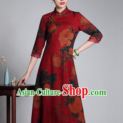 Asian Republic of China Top Grade Plated Buttons Printing Red Watered Gauze Long Cheongsam, Traditional Chinese Tang Suit Qipao Dress for Women