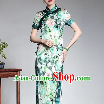 Asian Republic of China Top Grade Plated Buttons Printing Green Silk Long Cheongsam, Traditional Chinese Tang Suit Qipao Dress for Women