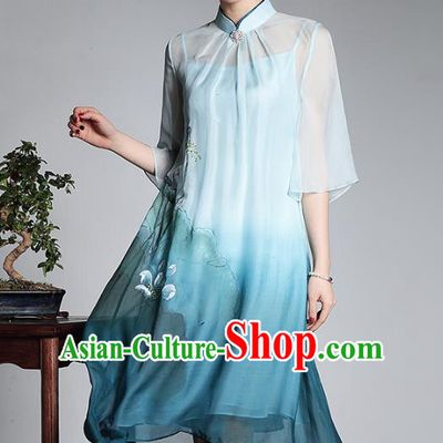 Asian Republic of China Top Grade Plated Buttons Printing Blue Silk Cheongsam, Traditional Chinese Tang Suit Qipao Dress for Women