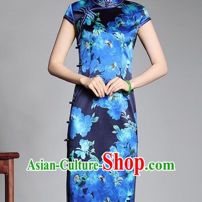 Asian Republic of China Top Grade Plated Buttons Printing Blue Silk Long Cheongsam, Traditional Chinese Tang Suit Qipao Dress for Women