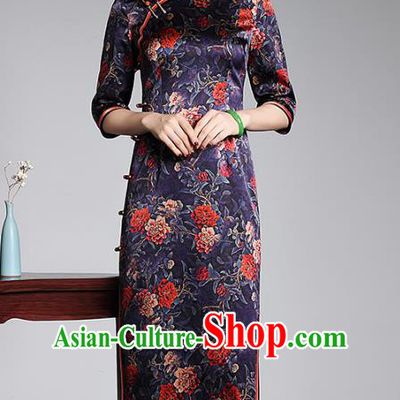 Asian Republic of China Top Grade Plated Buttons Printing Purple Silk Long Cheongsam, Traditional Chinese Tang Suit Qipao Dress for Women