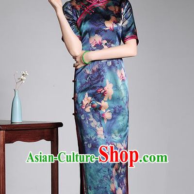 Asian Republic of China Top Grade Plated Buttons Printing Green Silk Long Cheongsam, Traditional Chinese Tang Suit Qipao Dress for Women