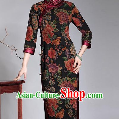 Asian Republic of China Top Grade Plated Buttons Printing Watered Gauze Long Cheongsam, Traditional Chinese Tang Suit Qipao Dress for Women