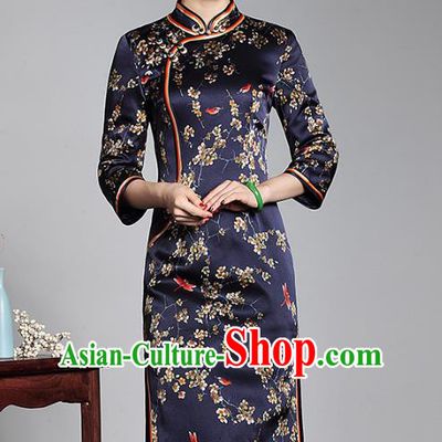 Asian Republic of China Top Grade Plated Buttons Printing Navy Silk Cheongsam, Traditional Chinese Tang Suit Qipao Dress for Women