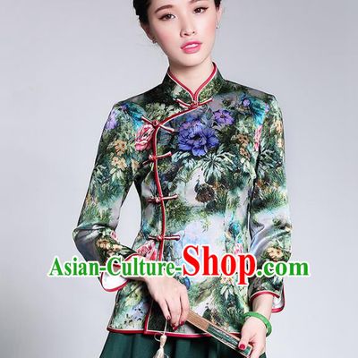 Traditional Ancient Chinese Young Lady Retro Stand Collar Printing Silk Short Cheongsam Blouse, Asian Republic of China Qipao Tang Suit Upper Outer Garment for Women