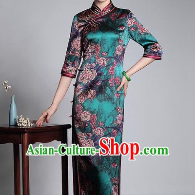 Asian Republic of China Top Grade Plated Buttons Printing Green Silk Cheongsam, Traditional Chinese Tang Suit Qipao Dress for Women